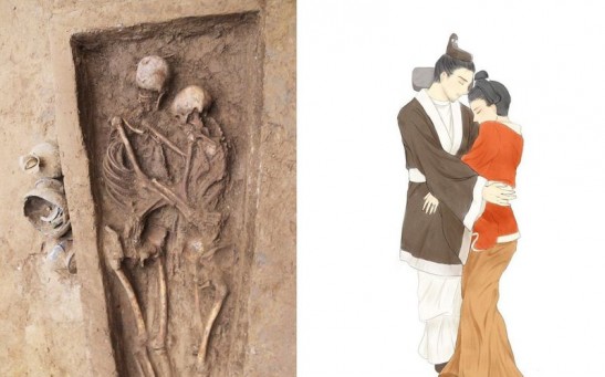 The couple's skeletons (left) and an artist's rendition of the pair (right) 