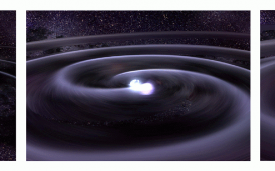 Three still pictures that show the white dwarfs circling each other and then colliding.