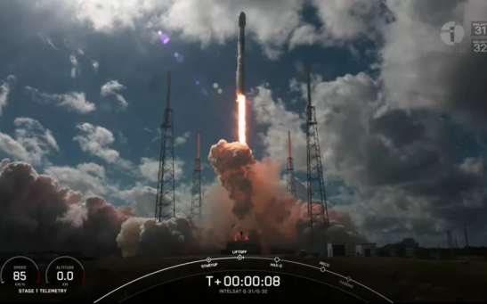A SpaceX Falcon 9 rocket launches two Intelsat spacecraft from Cape Canaveral Space Force Station on Nov. 12, 2022. It was the record-tying 14th liftoff for this Falcon 9's first stage. 