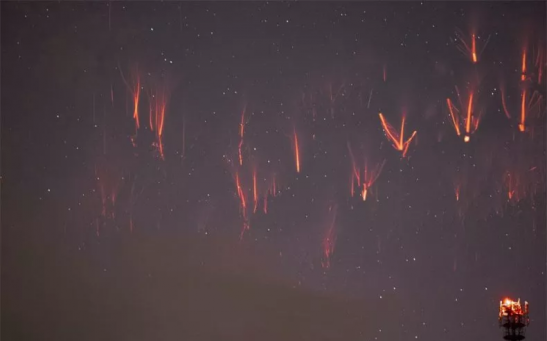 Several red sprites over the Czech Republic. They typically occur about 50 miles up.