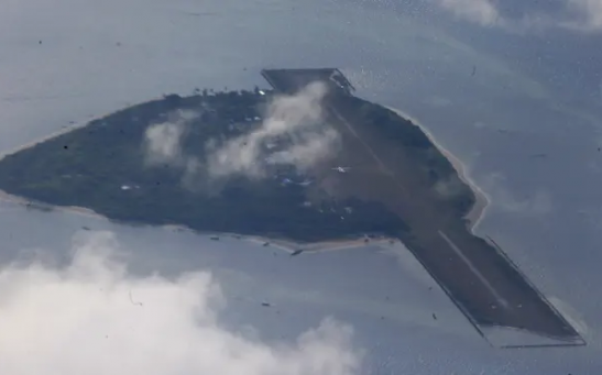 An aerial view of Thitu Island in the South China Sea. The Philippines has accused China’s coast guard of blocking its navy vessels and seizing suspected Chinese rocket debris it was towing. 