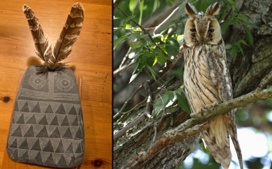 A replica (left) of a carved stone owl with two feathers inserted at the top next to a photo (right) of a long-eared owl (Asio otus)
