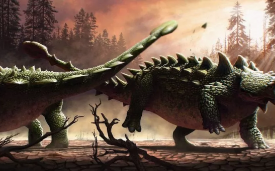 An artist's interpretation of an ankylosaur doing major damage in battle.