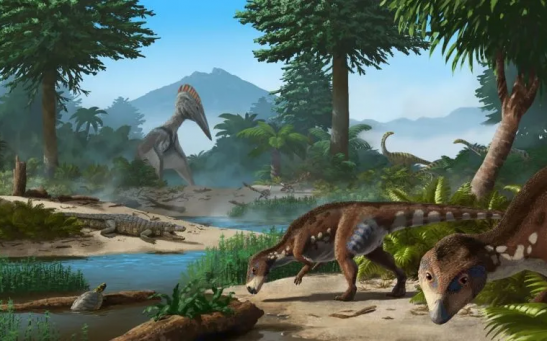 Inhabitants of the “Island of the Dwarf Dinosaurs” in present-day Transylvania in the Cretaceous: Transylvanosaurus (front right), as well as turtles, crocodiles, giant pterosaurs, and other dwarf dinosaurs. 