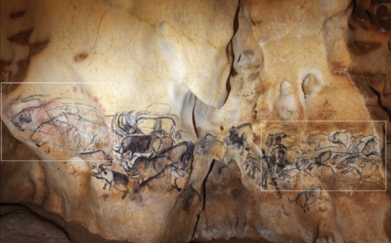 The Grand Panneau of the Salle du Fond at Chauvet Cave, with repeated sequences shown in boxes. 