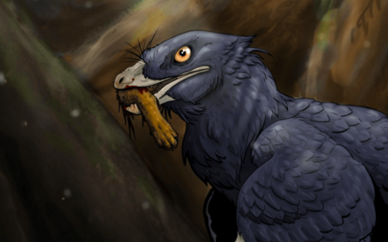 An illustration of Microraptor chowing down on a mammal foot.