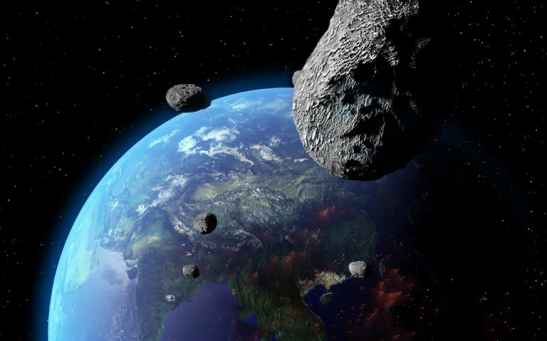 Illustration of asteroids approaching Earth. Over 30 
