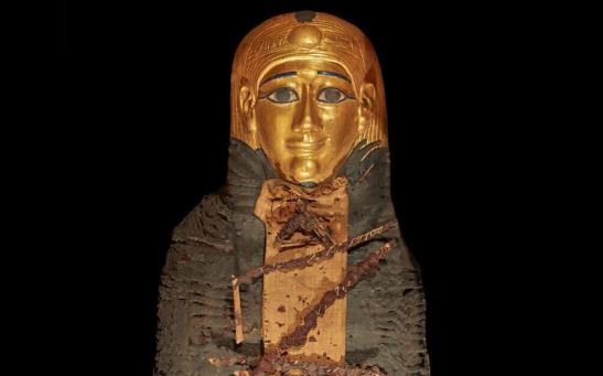 The mummy was garlanded with ferns and wore a gilded face mask.