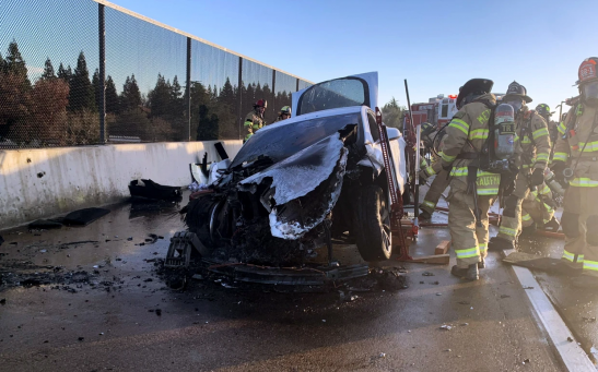 Sacramento firefighters respond to a fire after a Tesla car battery 
