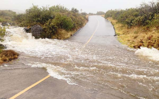 Floodwaters block off the road near the Hosmer Grove Campground in Haleakala National Park on Friday.
