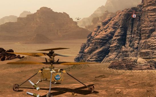 NASA's Mars Helicopters: Present, Future, and Proposed: A family portrait of Mars helicopters - Ingenuity, Sample Recovery Helicopter, and a future Mars Science Helicopter concept.