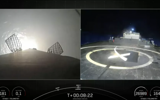 The first stage of a SpaceX Falcon 9 rocket heads for a landing on the SpaceX droneship Just Read the Instructions not long after launching the Amazonas Nexus satellite for Spanish company Hispasat on Feb. 6, 2023.  