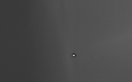 Mars Express Orbiter Captures Earth and Moon From the Martian Perspective, Showing It as a Fuzzy Blob in the Center