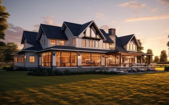Modern farmhouse on meadow hill generative ai