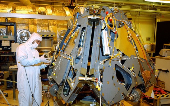 A worker put final touches to a lander for one of the two new Mars exploration rovers at NASA Jet Propulsion Laboratory (JPL) February 10, 2003 in Pasadena, California.